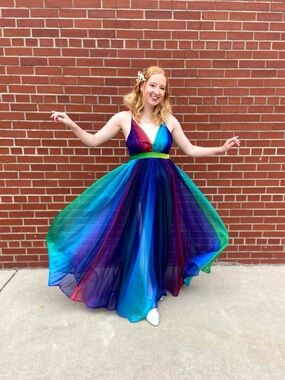 Luxxel Rainbow Sheer Fabric Lined Multicolor Cross Back Adjustable Strap Dress